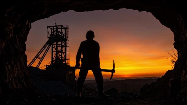 Miners silhouette at sunset mining tower visible