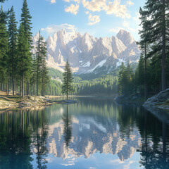 Majestic Mountain Lake, Scenic Alpine Landscape, Clear Water Reflection, Serene Forest Scenery, Tranquil Nature Scene