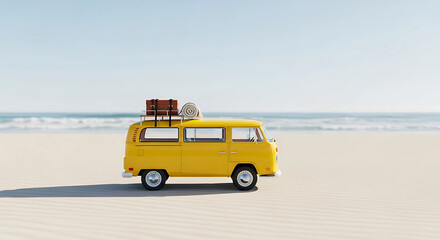Fototapeta premium A yellow vintage van parked on a sandy beach with luggage on top, evokes a sense of summer travel and adventure by the sea