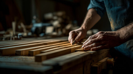 Carpenter aligning wood pieces for a cabinet, workshop, photo style