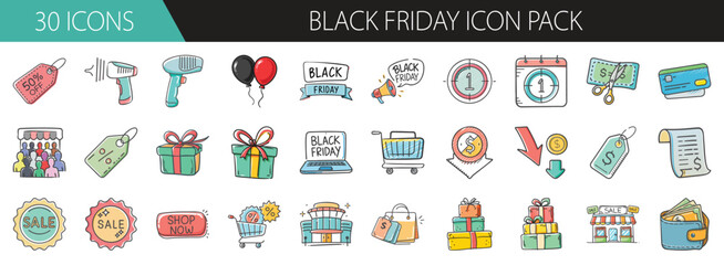 Black Friday sale and shopping icon set - Collection of colorful icons themed around Black Friday, featuring sales, shopping carts, discounts, barcodes, gifts, and promotions.