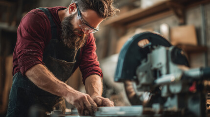 Carpenter adjusting a miter saw before a cut, workshop, photo style