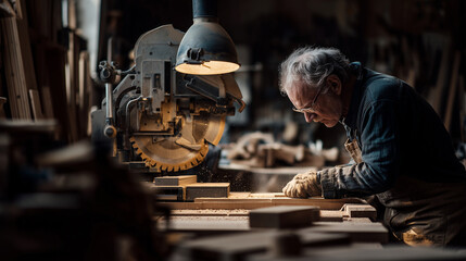 Carpenter adjusting a miter saw before a cut, workshop, photo style