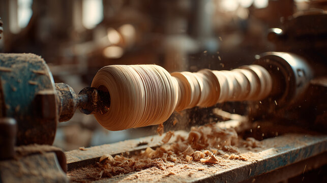 Wood lathe spinning as a piece is shaped into a leg, workshop, photo style