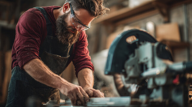 Carpenter adjusting a miter saw before a cut, workshop, photo style - Powered by Adobe