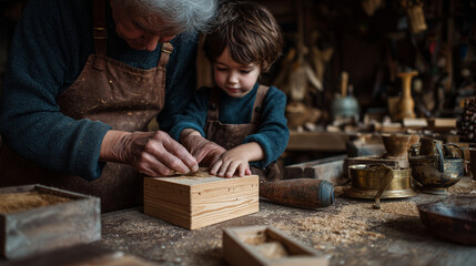 Child helping a parent sand a small wooden box, workshop, photo style