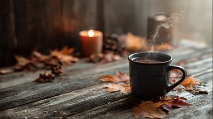 Steaming coffee mug with autumn leaves and candlelight