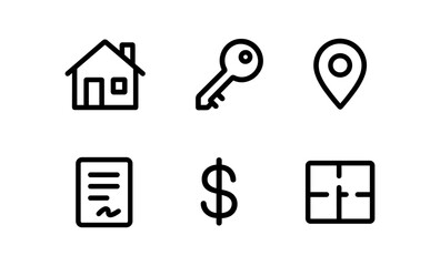 Real estate icons: house, key, location, contract, dollar, floor plan design