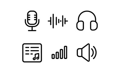 Minimalist audio icons: microphone, headphones, sound waves, and more