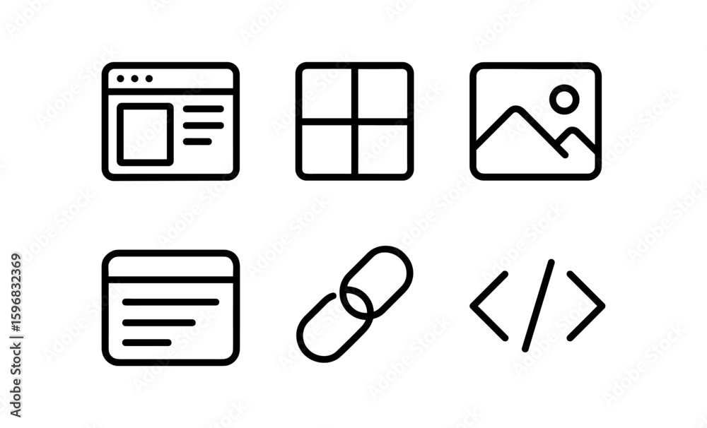 Poster set of minimalist web and app interface icons in line style