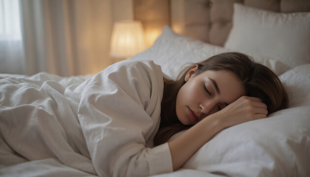 Woman sleeps peacefully in a cozy bed surrounded by soft bedding and gentle lighting. Soft glow of a lamp casts a tranquil atmosphere. Beige wall and window let in subtle light.