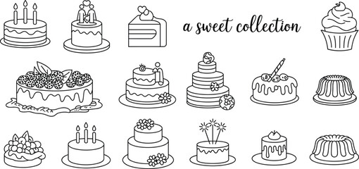 Cake icon vector set – Hand-drawn dessert illustrations of birthday cakes, cupcakes, layered cakes, pastries, and sweet treats