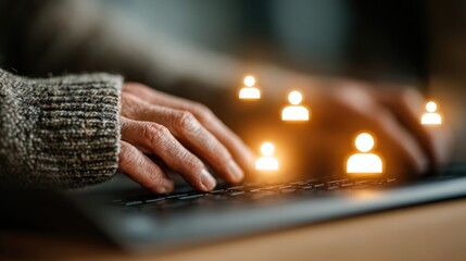 Individual working on laptop with digital profile icons, emphasizing online communication, virtual networking, digital identity, and cybersecurity
