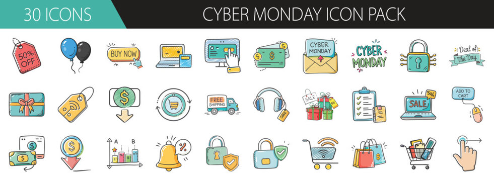 Cyber Monday shopping and sale icon pack - Colorful icon set themed around Cyber Monday shopping, digital deals, ecommerce, discounts, delivery, and online marketing concepts.
