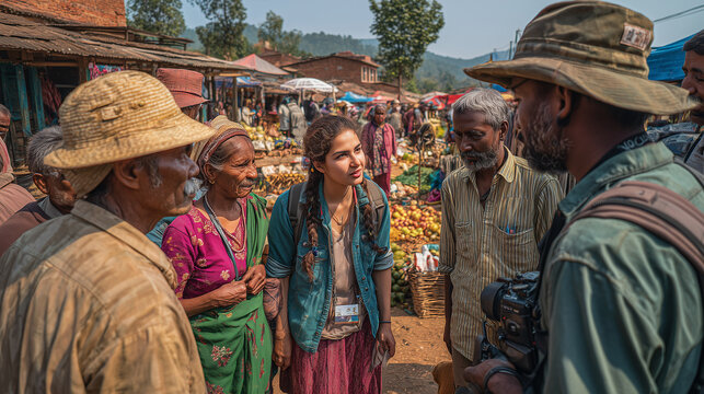 A traveler sharing stories with locals at a village market, people in society, photo style