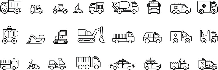 Construction and emergency vehicle icons – Flat vector set of trucks, ambulances, excavators, police cars, fire trucks, and service vehicles