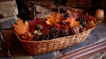 Handwoven basket filled with autumn leaves and pinecones