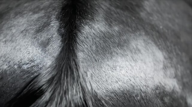 Close-up of glossy black fur with a prominent midline parting