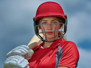 Young female cricketer in red sports uniform, wearing helmet and gloves, holding bat, ready for game action, showcasing determination and athleticism in outdoor sports environment