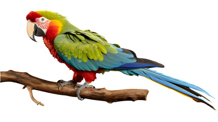 Obraz premium Colorful Macaw Perched: A vibrant macaw, boasting a stunning display of red, green, yellow, and blue feathers, sits gracefully on a branch, capturing the eye with its striking beauty.