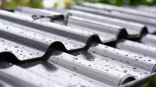 Close-up of wet corrugated roof tiles after a rainfall