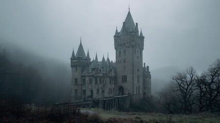 Obraz premium A gloomy abandoned castle shrouded in thick fog
