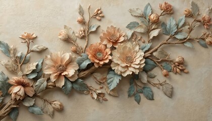Vibrant floral art piece on beige background features red and orange flowers in slender stem. Bouquet creates depth and dimension. Whimsical arrangement adds artistic flair.