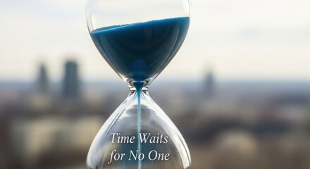 Blue sand hourglass with text overlay against blurred city skyline time management
