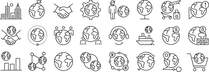 Global business and trade icon set – World economy, international shipping, globalization, global partnerships, communication, e-commerce, and logistics