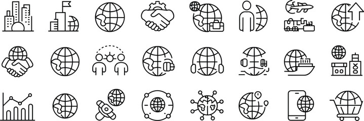Global business and trade icons – Line vector symbols of globalization, commerce, shipping, communication, logistics, economy, and technology