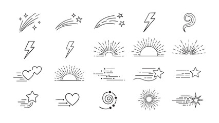 Illustrative Outline Designs with Stars, Hearts, and Lightning, Creating an Artistic Design of Nature Elements
