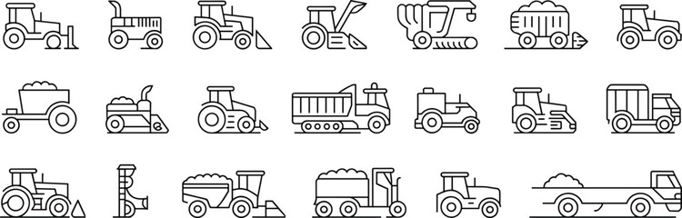 Heavy-duty farm and construction equipment icons – Line art set of tractors, harvesters, loaders, dumpers, rollers, and transport vehicles