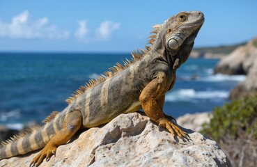 Fototapeta premium Lizard with greenish hue and brown spots perched on coastal rock. Rock provides clear view of lizard body, tail, and blue sky background with tranquil ocean