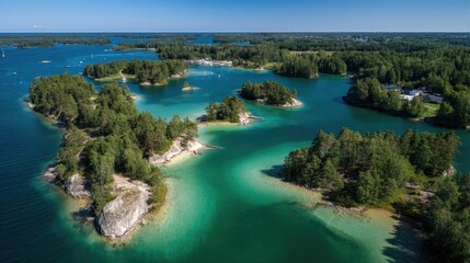 Scenic archipelago with tranquil turquoise waters and lush green islands.