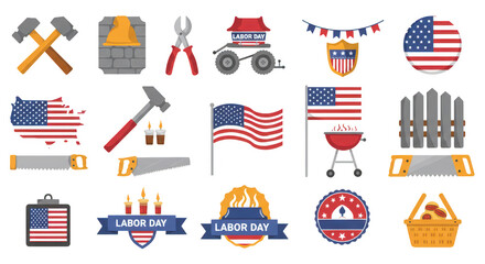 Photo of patriotic labor day icons featuring american flags, tools, and barbecue grills for celebration isolated on transparent background