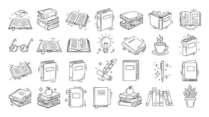 Ink Drawing Collection Diverse Education Books and Literary Tools 
