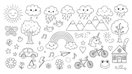 Dreamy Doodle Delight A Whimsical Vector Collection of Hand-Drawn Illustrations Featuring Cute Clouds, Rainbows, and Magical Creatures