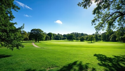 Serene park landscape with clear blue sky and rich green grass. Winding path leads to tranquil lake. Tree provides depth and scale. Peaceful scene for relaxation and tourism.