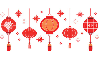 A festive collection of traditional chinese red paper lanterns with intricate designs and tassels illuminated and hanging isolated on transparent background