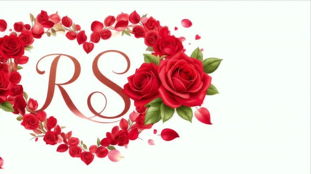 Floral heart of red roses with "RS" on a white background