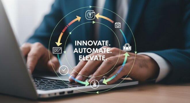 Businessman typing on laptop with digital infographic cycle Innovate Automate Elevate technology innovation - Powered by Adobe