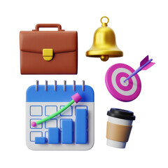 Office productivity icons including calendar arrow coffee cup target briefcase and golden bell