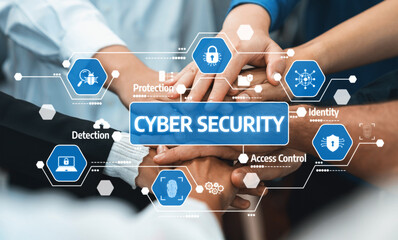 This image illustrates the importance of collaboration in cyber security, showcasing hands united...