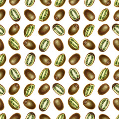Sliced halves of ripe kiwi fruit with brown skin, bright green flesh, seeds. Watercolor seamless pattern on white background for design of jam, preserve, drinks, food, baby and kitchen textiles