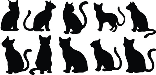 a vector set of black cat silhouettes in various poses,