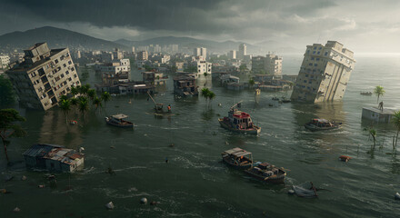 Fototapeta premium Flooded Cityscape with Submerged Buildings and Rescue Boats Under Overcast Skies