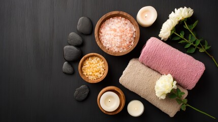 Spa composition with bath salts, towels, stones, candles, and flowers on dark surface