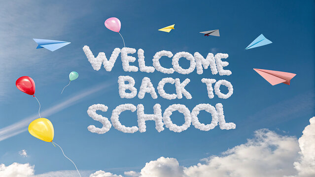 Welcome Back to School message in clouds with paper planes and balloons