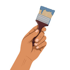 Fototapeta premium Hand holding paintbrush with blue paint drips 
