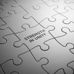 Close up of interlocking puzzle pieces with the words strength in unity embossed jigsaw puzzle